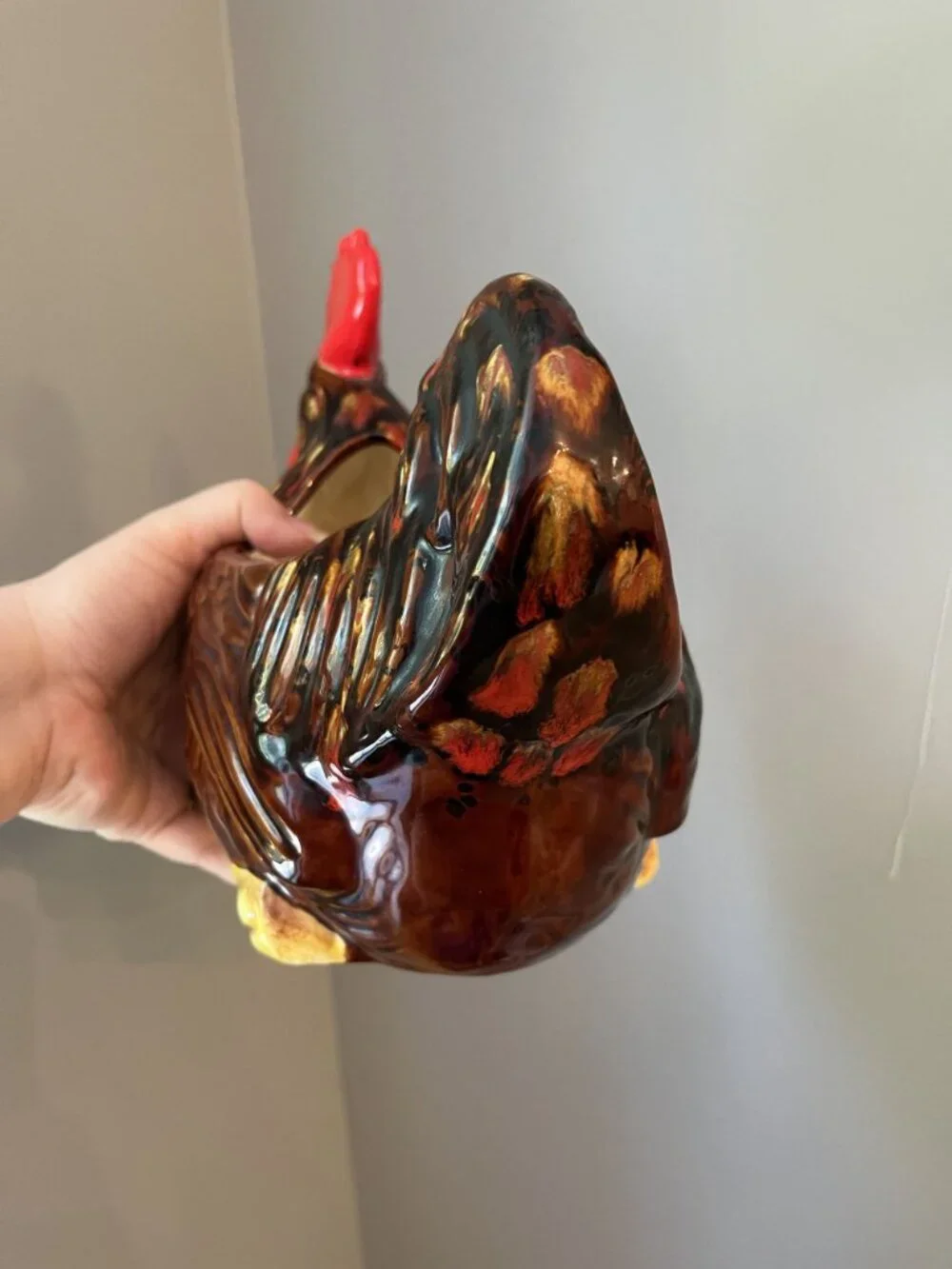 Vintage Ceramic Rooster Planter With Glossy Finish And Bold Colors
